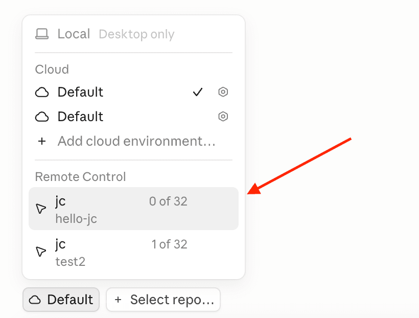 The claude.ai/code environment picker. Under a Remote Control heading, two VMs are listed and ready for sessions.