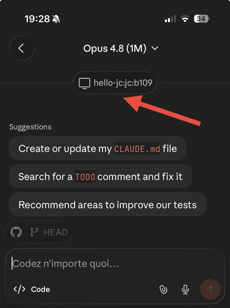 The Claude mobile app composing a session on a Jean-Claude VM, with the VM shown as the connected environment.